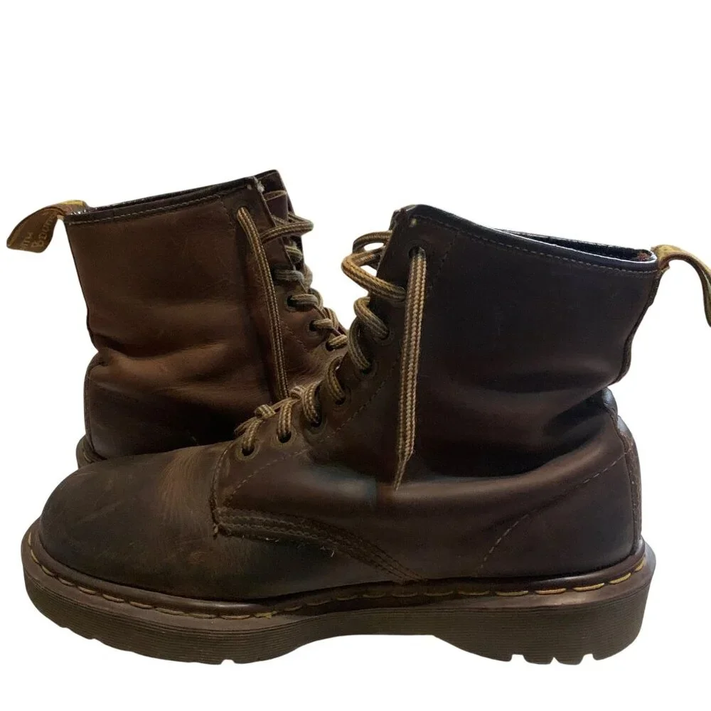 90s Dr.‎ Martens Mens 12 Boots Made In England Brown Lace-Up Inscribed 8 Eyelets
